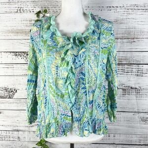 Essentials by Milano Blouse size Medium Blue Green Sheer Lace Beach Florida Slim